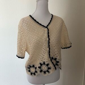 Ultra Pink Cream Crochet Cardigan with Black Details NWT size M
